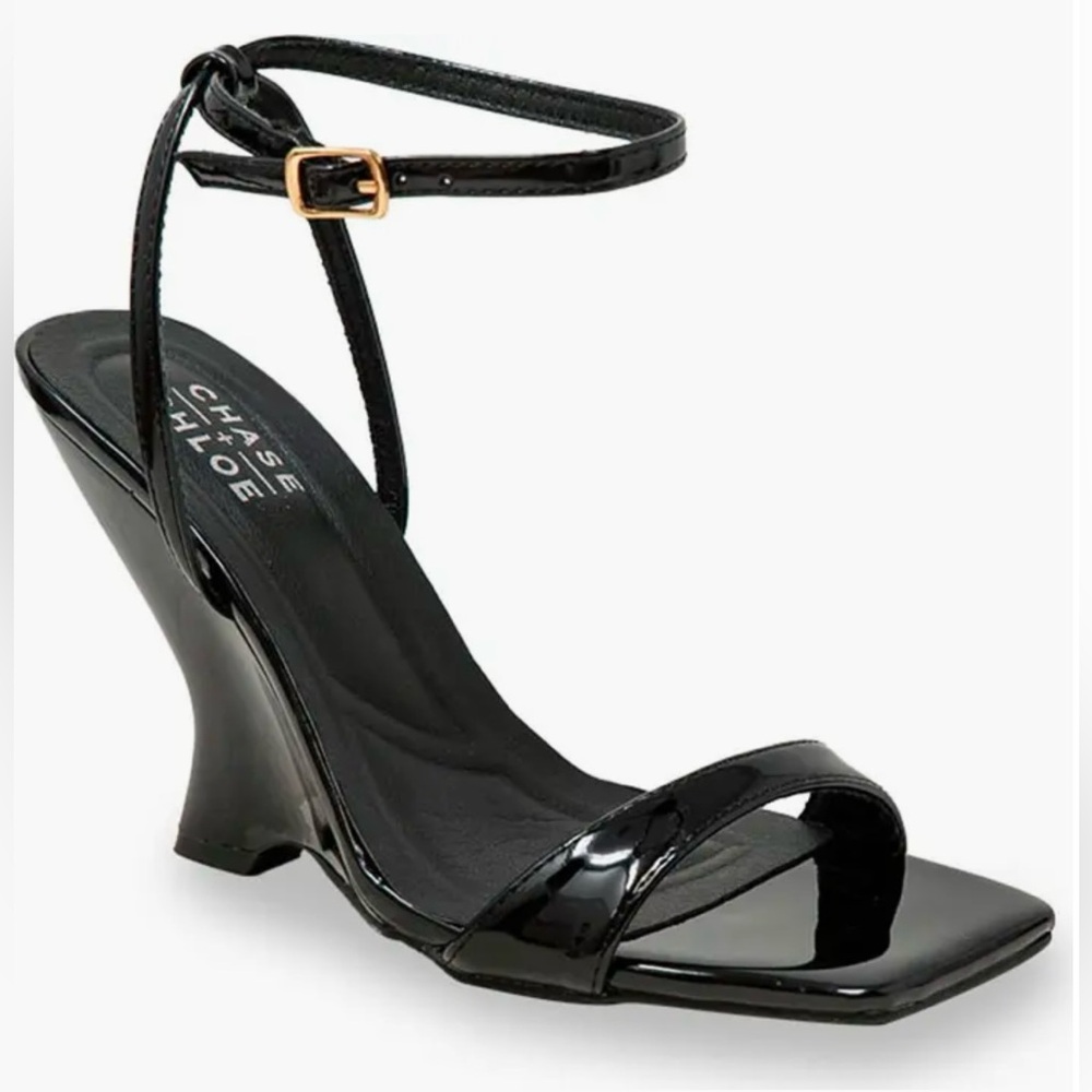 Chase + Chloe Shiny Black Ankle Strap Wedges